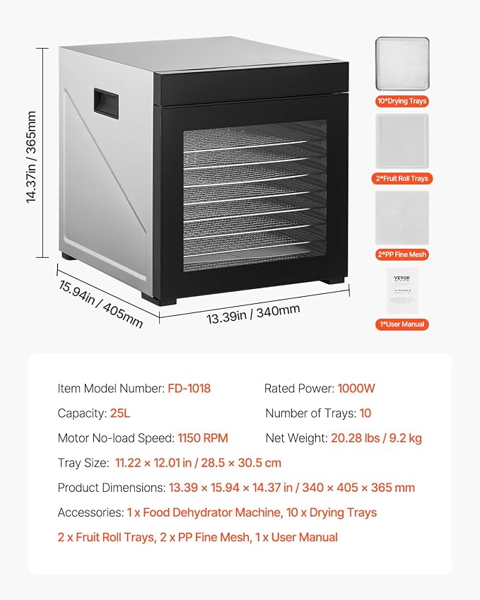 VEVOR Food Dehydrator Machine, 10 Stainless Steel Trays, 1000W Electric Food Dryer with Adjustable Temperature & 24-Hour Timer, Food-Dehydrator for Jerky, Meat, Fruit, Vegetables, Herbs, Dog Treats