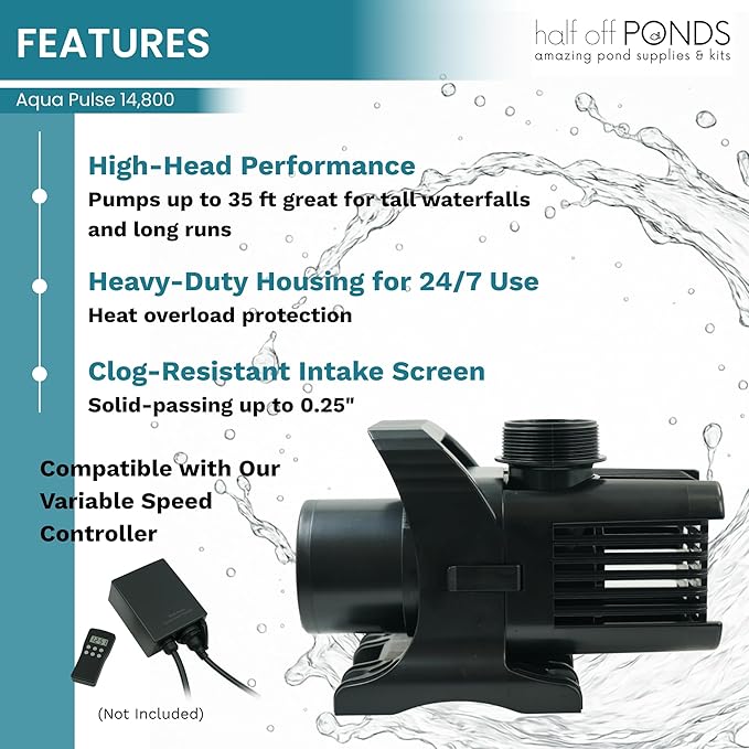 Aqua Pulse Submersible Pond Pump, 14,800 GPH, 33 ft Cord | 35.5 ft max head, 1100W energy efficient, Ultra quiet, For koi ponds, Waterfalls, Fountains