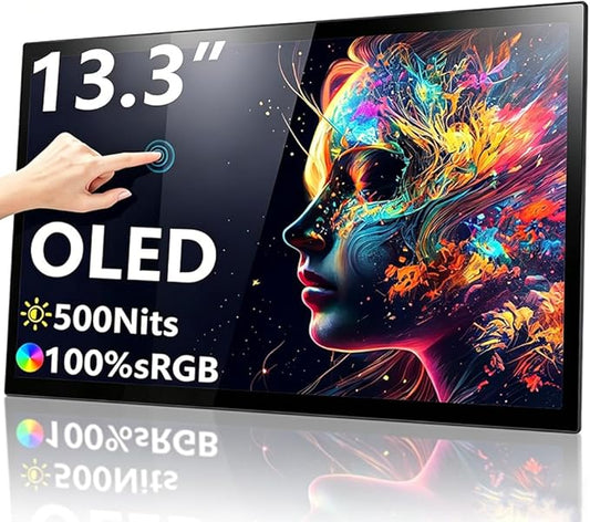 13.3” OLED Portable Monitor Touchscreen, 1080P HDR Travel Screen, 500 Nits, Ultra-Slim External Second Monitor for Laptop Mac PC & Android Phone/Tablet (No Touch for iPhone/iPad/Consoles), with Case