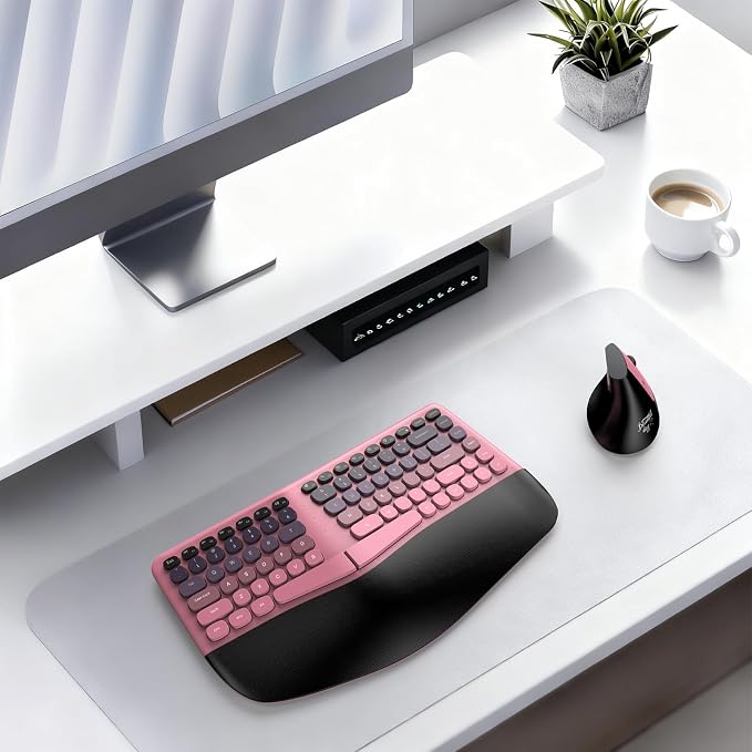 MOFII Wireless Ergonomic Keyboard & Mouse Combo – Split Curved Keyboard with Wrist Rest (All-Day Comfort) + Wireless Vertical Ergonomic Optical Mouse, Compatible with PC/Laptop/Desktop- Pink Gradient