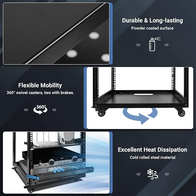 Upgraded 10U Server Rack - 19.7”L x 18.8”W x 23.4”H Open Frame Network Rack, Wall-Mountable & Freestanding with 4 Swivel Casters & 2 Shelves, for Computer/Data/IT/Stereo Equipment, New Model