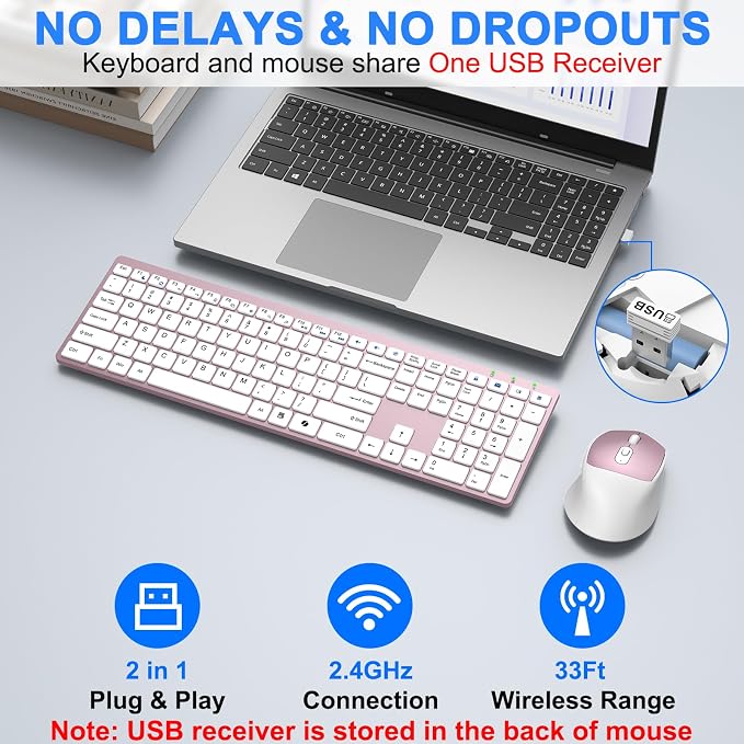 Wireless Keyboard and Mouse Combo, Full Size Silent Ultra Thin Keyboard with Magnetic Wrist Rest, Optical Mouse, 2.4G Lag-Free Cordless Mice Keyboard Set for Computer, Mac, Laptop, PC, Windows