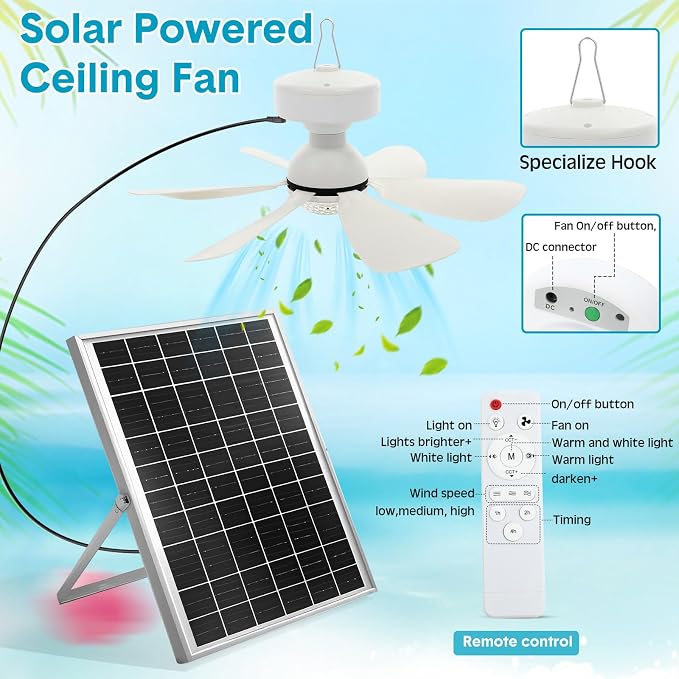 Glooglitter 1 Set Solar Ceiling Fan Light Kit 16.5”, 25W Outdoor Solar Powered Gazebo Fans with 3 Color Light and Remote Control, Portable Fan for Patio Canopy Shed Rv Porch Chicken Coop Camping Tent