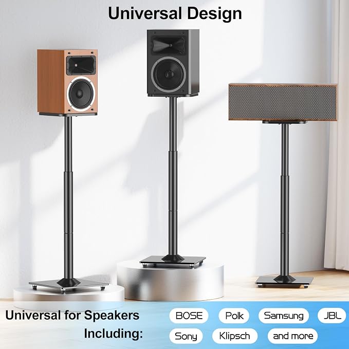 MOUNTUP Universal Speaker Stands Pair, 28.3" to 37.4" Height Adjustable Floor Speaker Stands, Holds Bookshelf & Large Satellite Studio Speakers, Cable Concealing, 22LBS Capacity, 9.8" Plate, Black