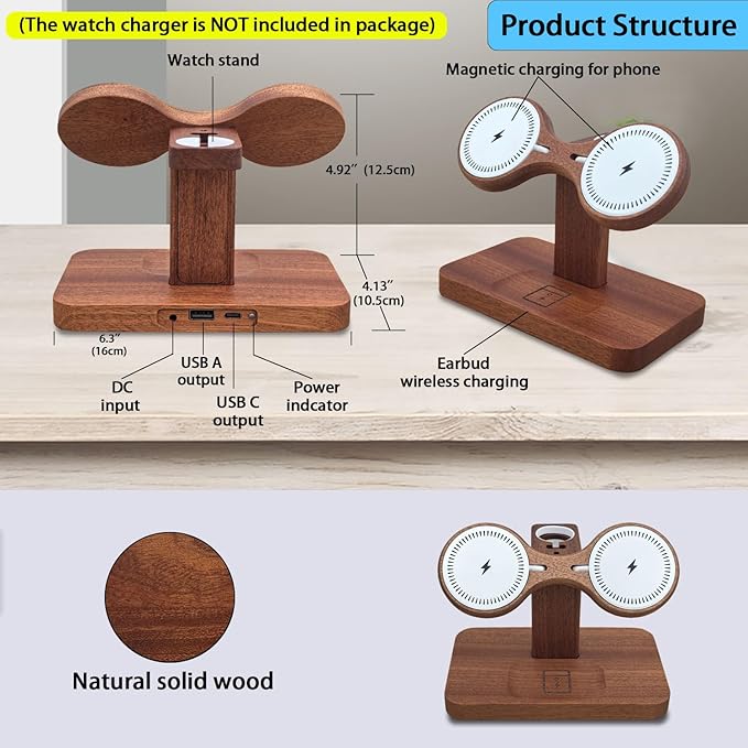 Wood Dual Phone Charging Station Compatible with Magsafe Charger Stand Magnetic Wireless Charger for iPhone 17 16 15 14 13 12 Series iWatch AirPods Wireless Charging Station for Apple Devices