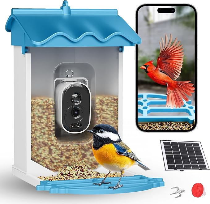 GarveeLife Smart Bird Feeder with 2K Camera & AI Recognition - Solar Powered, 2l Capacity, Night Vision, App Alerts, Auto Capture Photos/Videos for Bird Watching (Blue)
