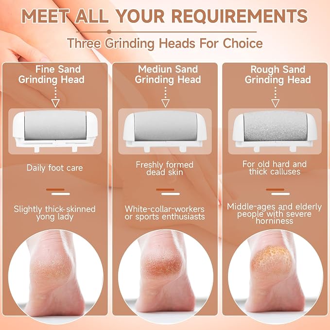 AdamPark Electric Foot File Callus Remover, Rechargeable Pedicure Tools Foot Care Kit, Portable Callus Remover Kit with 3 Roller Heads,2 Speed,Battery Display (White)
