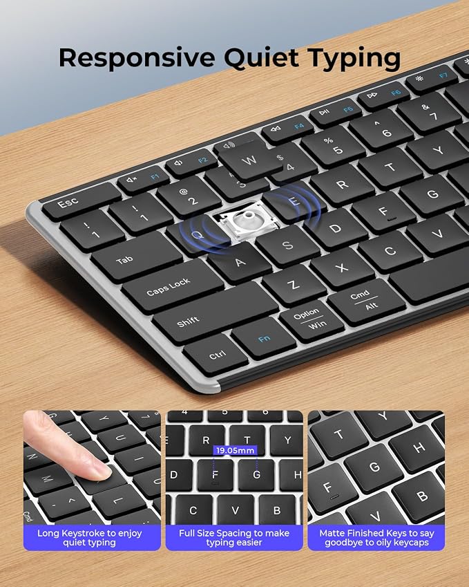 seenda Wireless Bluetooth Keyboard and Mouse Combo, SKM64-3 Rechargeable Slim Quiet Keyboard Mouse, 3 Multi-Device Connection, Compatible for Windows 11/10 PC Laptop Mac MacBook iPad, Black Silver