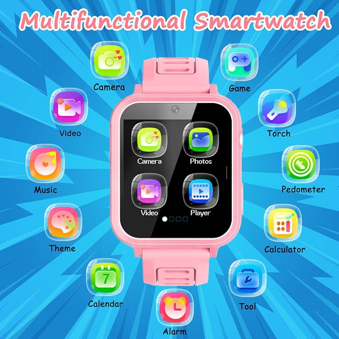 Wiszodet Smart Watch for Kids Gift for Girls Age 5-12, 1.54" Touch Screen Watch with HD Camera Video 39 Games Music Pedometer Flashlight Alarm Clock, Gifts for 7 8 9 10 Year Old Girls Boys