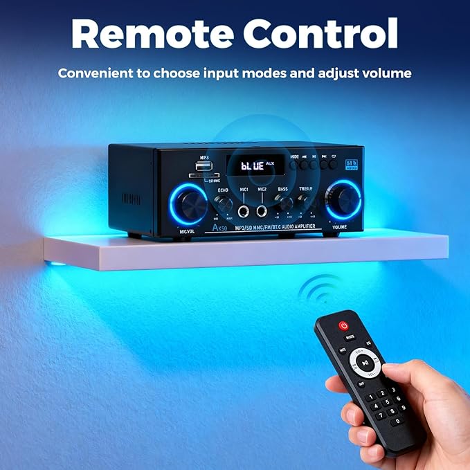 Romicta AK50 Stereo Audio Amplifier, 2 Channel 400W Bluetooth 5.0 Home Audio Stereo Receiver with FM, Echo, AUX, USB, SD, MIC Inputs, Power Amplifier for Passive Speakers and Active subwoofer