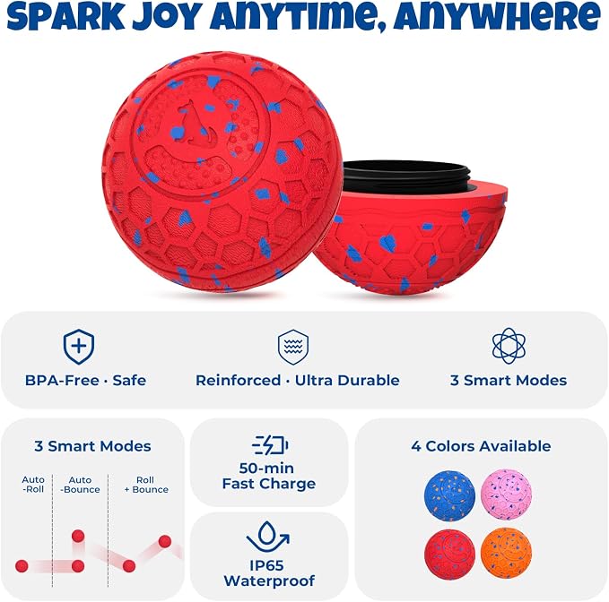 Fsitego Interactive Dog Ball Toys, Automatic Moving Bouncing, Rotating Smart Dog Toy for Small, Medium, Large to Keep Them Busy, Durable E-TPU Material & IP65 Waterproof, 5H Continuous Use(Red)