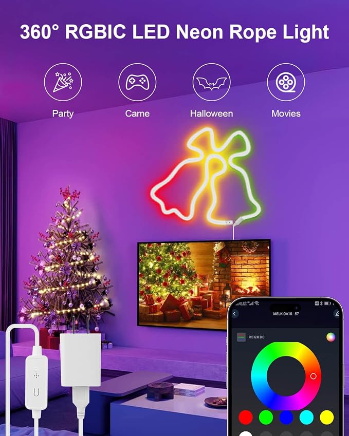 LED Neon Rope Lights, 6.5ft RGBIC 360° Luminous 5v USB Bluetooth APP Control Music Sync IR Remote Color Changing Smart LED Strip Lights for Bedroom Gaming Party Decor
