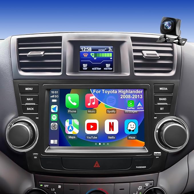 4Core 64G 5GWiFi Upgrade Car Radio for Toyota Highlander 2008-2013, Car Stereo Bluetooth Head Unit 8inch Touch Screen Radio Wireless Carplay Android Auto Backup Camera GPS FM （Only Fit Small Screen）