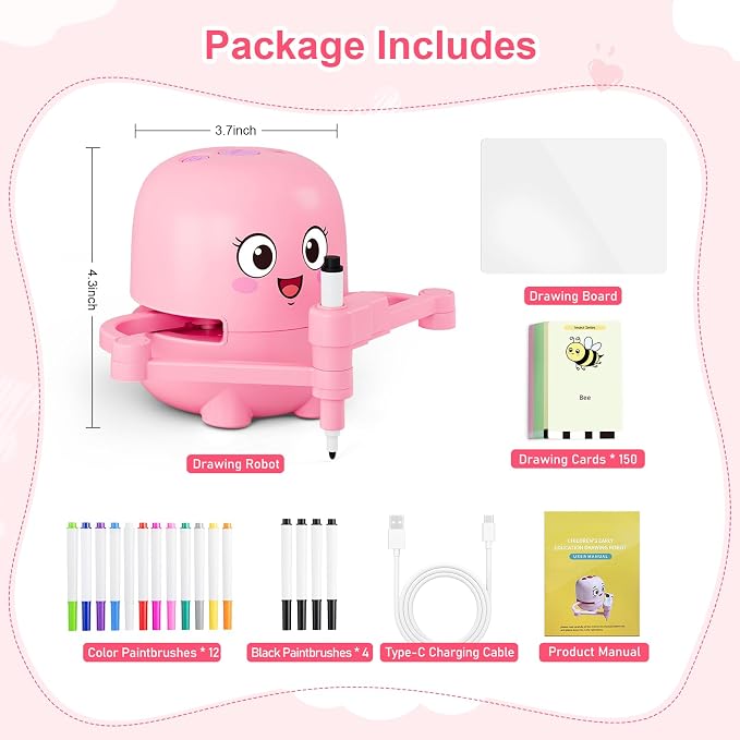 Drawing Robot for Kids Toy, Gifts for 3 4 5 6 7 8 9 Year Old Boys & Girls | Robot Drawing Machine, Electric Music Painting Learning Toys, Birthday Christmas Gifts, 150 PCS Cards, 12 Color Pens, Pink