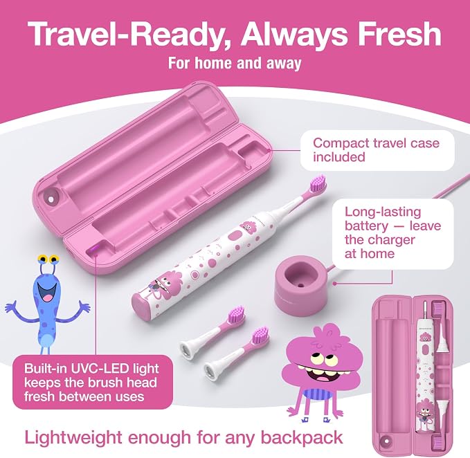 Brushmo x Super Simple Songs Kids Sonic Electric Toothbrush for Ages 3+, Featuring Jimmy, 3 Gentle Modes, 2 Brush Heads, Travel Case, Rechargeable with Wall Adapter (BM03)