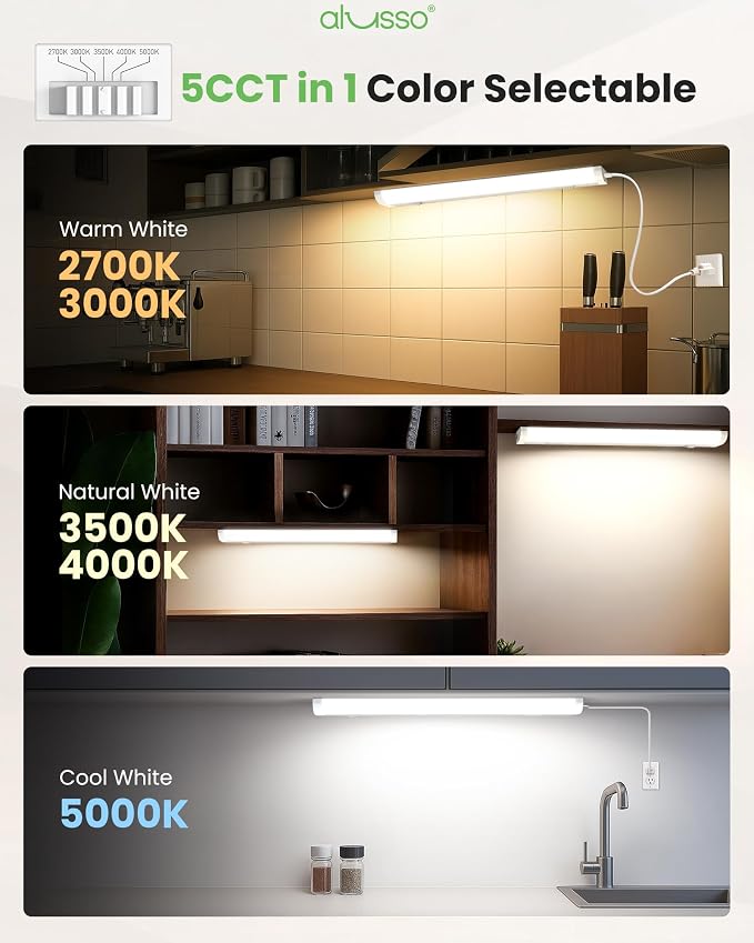 ALUSSO 18 Inch LED Under Cabinet Lighting Plug in 120V, 5CCT Color Selectable 2700K-5000K Dimmable 10W 800LM High Brightness, CRI 90+ Strip Linkable Under Counter Lights for Kitchen Sink, 1 Pack