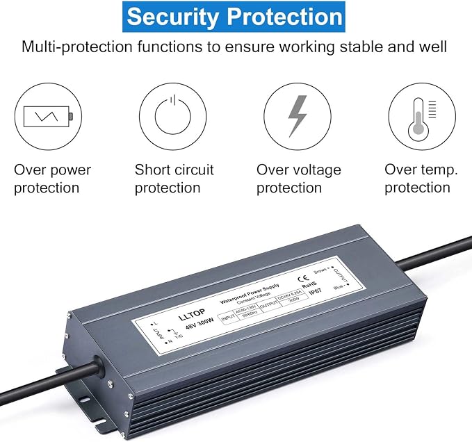 LLTOP 48v DC Power Supply 300w 6.25A Waterproof AC110v/120v to 48vdc Converter Constant Voltage Outdoor Transformer for Pump Humidifier LED Lights