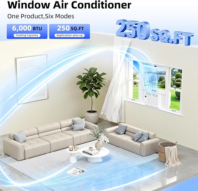 Antarctic Star 6,000 BTU Window Air Conditioner, Window AC Unit, Cools Rooms up to 250 Sq.Ft., 6 in 1 Modes Air Conditioner Window Unit with Remote Control, Easy to Install, Energy Saving, White