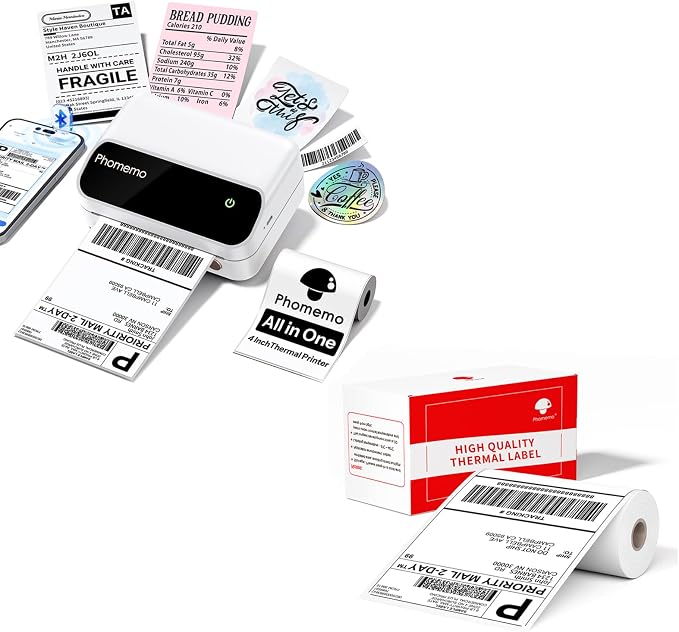 Phomemo Portable 4 Inch Thermal Label Printer with 55PCS White 4"x6" Thermal Labels