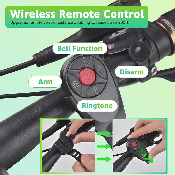 USUPERINK Bike Alarm, 113dB Bicycle Alarms for Ebikes, Volume&Sensitivity Adjustable Motorcycle Alarm with 2 Remotes, Waterproof Anti Theft Wireless Vibration Sensor for Car Motorcycle Scooter Ebike