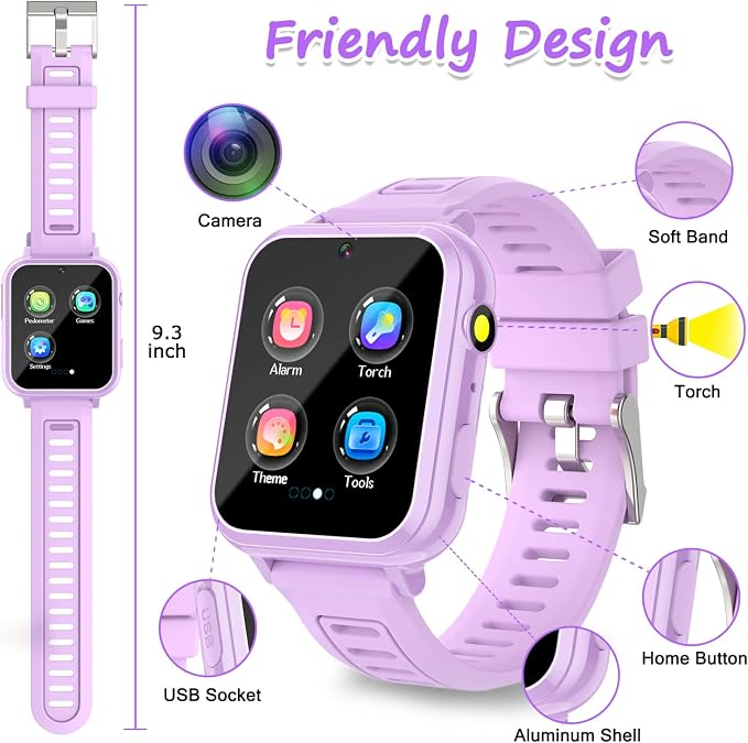 Kids Smart Watch Girls Gifts for Age 5-12, 39 Puzzle Games HD Touch Screen Watches with Video Camera Music Player Pedometer Flashlight 12/24 hr Birthday Gift 6 7 8 Year Old Girls