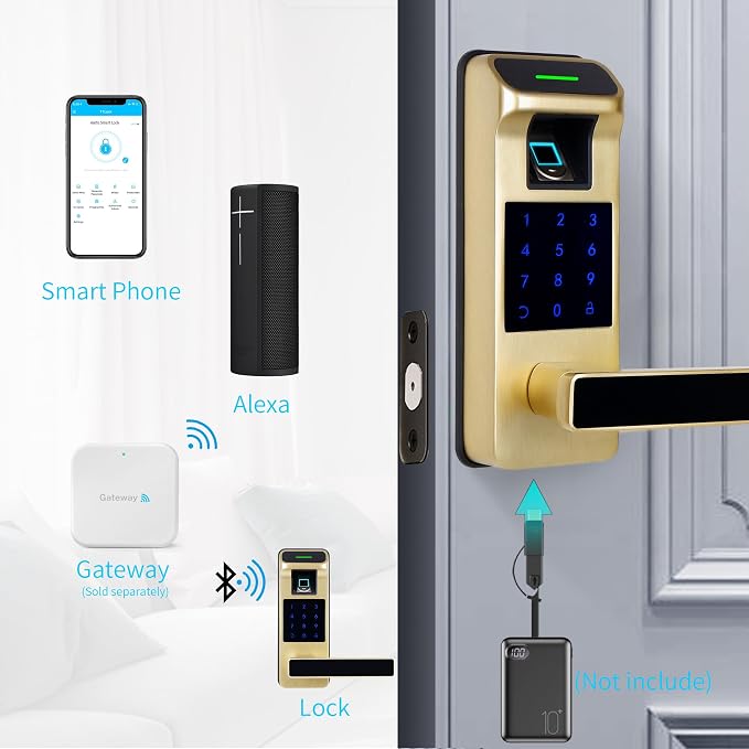 Fingerprint Door Lock, Heavy Duty Full APP Control Touchscreen Keypad Keyless Lock with Reversible Handle, Perfect for Home/Office/Bedroom Doors (Gold)