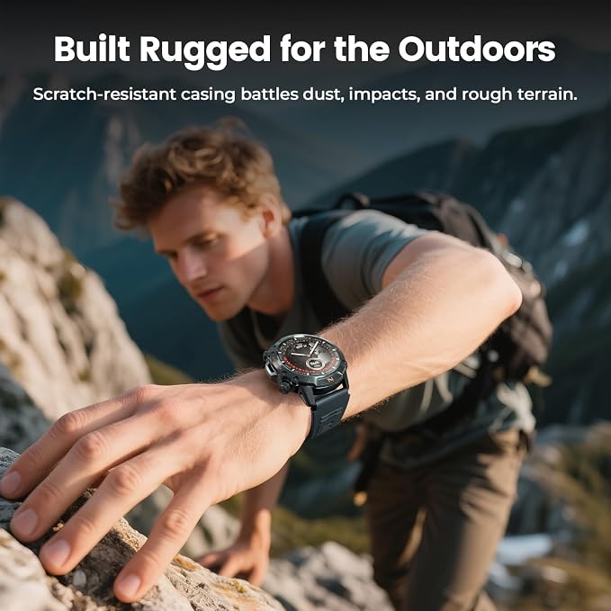 WalkerFit Outdoor Smart Watch for Men, 1.43" AMOLED Black Silicone Band, 5ATM Waterproof for Hiking Climbing Trail Run Swim, 170+ Sports, Compass Heart Rate SpO2, Adventure Watch for iPhone Android