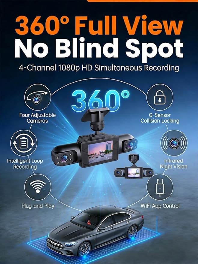 Wireless Dash Cam Front and Rear No Wires, 4K 4-Channel Full View Car Dashcam System, 360 Degree Driving Recorder with Night Vision, Parking Monitor, G-Sensor, Motion Detection
