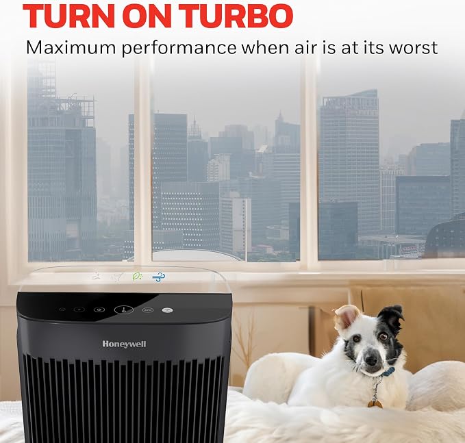 Honeywell Allergen Plus HEPA Air Purifier for Home, Large Rooms up to 900 Ft², Turbo Clean, HEPA Filter Reduces Dust, Pollen, Pet Dander, All Smoke Types, Odors, Black, HPA5100B