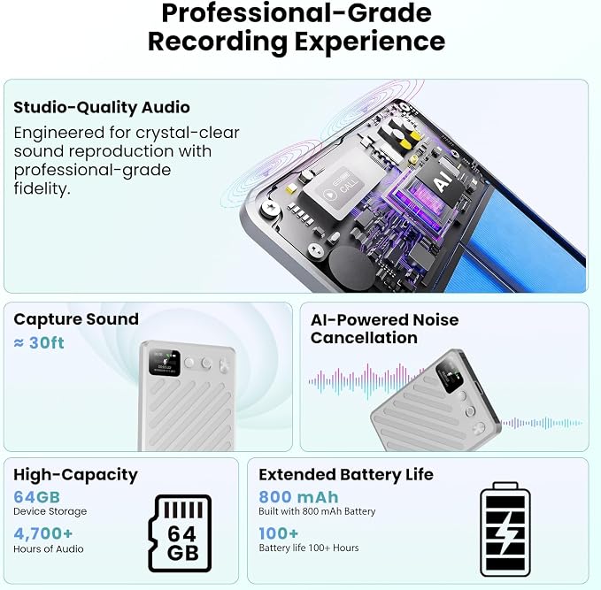 AI Voice Recorder, AI Transcription & Summary, APP Control AI Note Taking Device Supports 132+ Languages, 100H 64GB Memory, Magnetic Audio Recorder for Lectures, Learning, Meetings, Calls, Silver