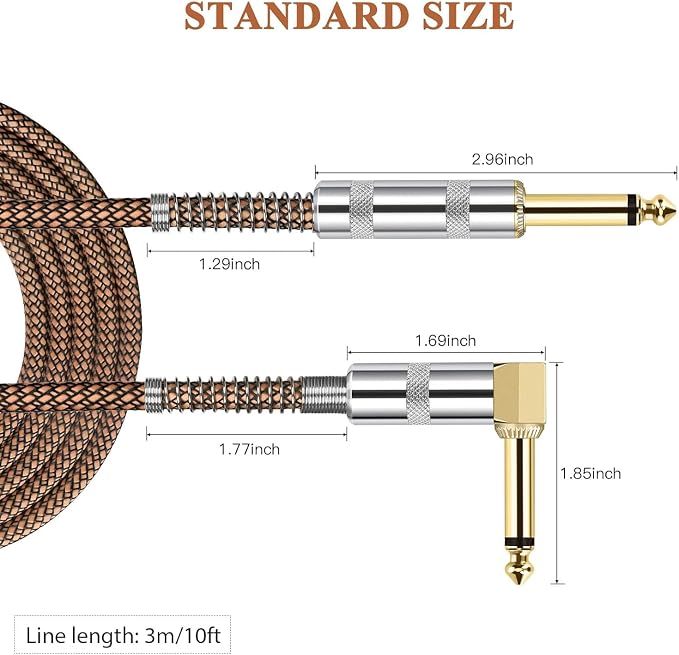 JOLGOO Guitar Cable, 1/4 Inch Cable 10 Ft, Straight to Right Angle 6.35mm Plug Bass Keyboard Instrument Cable, Orange and Black Tweed Cloth Jacket, Electric Mandolin, pro Audio