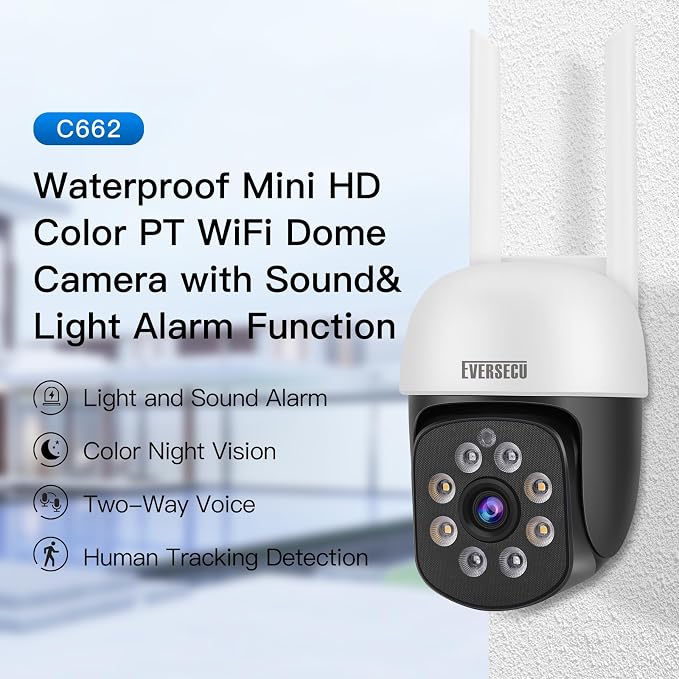 EVERSECU 2K 3.0MP Outdoor WiFi PTZ Security Camera, 2.4G WiFi, Auto Tracking, 2 Way Audio, Color & Infrared Night Vision, Work with Alexa, SD Card & Cloud Storage, Motion Detection/Siren/Light Alarm