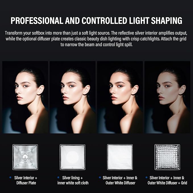 Godox Square Softbox Compact Bowens Mount Softbox 23.6in*23.6in/60cm*60cm with Grid Diffuser Quick Release Photography Lighting Softbox for Photography Shooting Continuous Light Monolight Strobe Flash