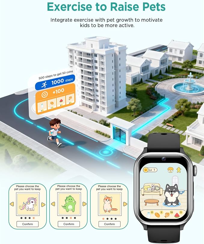 Smart Watch for Kids NO APP/Phone, 1.52" Fitness Tracker Watch Pedometer, Heart Rate, Flashlight, Video Camera, Puzzle Games, Sleep Monitor, IP68 Waterproof, Gift for Boys Girls 5-16,Black
