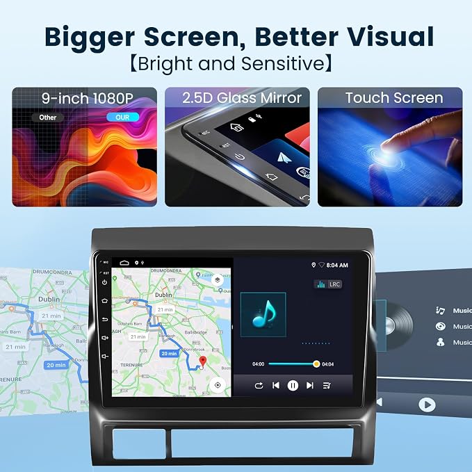 2G+64G Android 15 Car Radio Stereo for Toyota Tacoma 2005-2013 with Wireless CarPlay/Android Auto,9 Inch 1280 * 720P IPS Touch Screen GPS 5Ghz-WiFi Bluetooth 32-Band DSP HD Backup Camera
