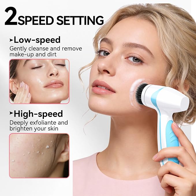 Rechargeable Facial Cleansing Brush – Dual Rotating Electric Face Scrubber with 3 Brush Heads, Waterproof Exfoliator for Deep Cleansing, Valentine's Day Gifts for Her, Mom (Blue)