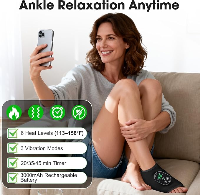 Cordless Ankle Massager for Pain Relief, Ankle Heating Pad with Massage, HSA Eligible FSA, Foot and Ankle Massager, Foot Massager with Heat, 6 Heat Levels, 3 Vibration Modes, Single One, Black