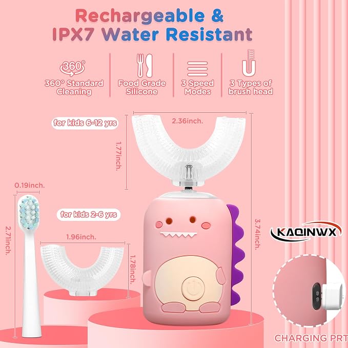 Kids U Shaped Electric Toothbrush for Age 2-12, Rechargeable Toddler Toothbrush with 60S Smart Timer, Dinosaur Design, IPX7 Waterproof & 360°Cleaning,Develop Kids' Brushing Habits