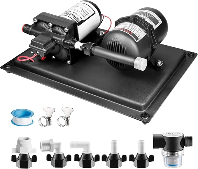 WASSERMANN 12V RV Water Pump and Accumulator Tank System, 3.0GPM 55PSI Self Priming Water Diaphragm Pump with 0.75L 10 PSI Pre-Pressurized Accumulator Tank, Pressure Switch, for Boat Garden RV Camping
