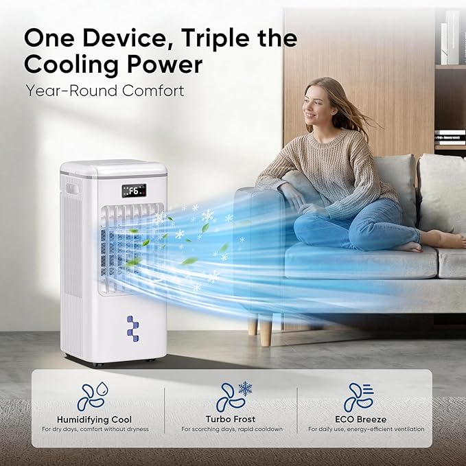Windowless Portable Air Conditioners Fan, Evaporative Air Cooler 3 Modes & 3 Speeds, 2-Gal Tank for 20H Cooling,12H Timer for Smart Auto-off, 16FT Remote,No Hose Needed,38db Swamp Cooler FK2508Y