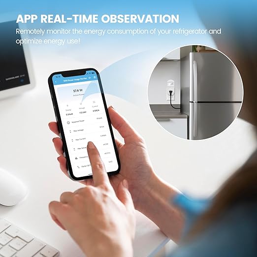 WiFi Electricity Usage Monitor, Zuomeng Plug-in WiFi Power Meter with Sound Alarm, Refrigerator Power Consumption Monitoring and Electricity Bill Statistics