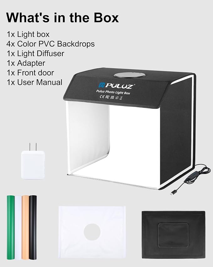 PULUZ Portable Light Box Photography, 16"x12"x16" Professional 3200-6500k Dimmable Photo Box with 320 LED Lights & 4 Color PVC Backdrops for Jewelry and Small Item Product Photography