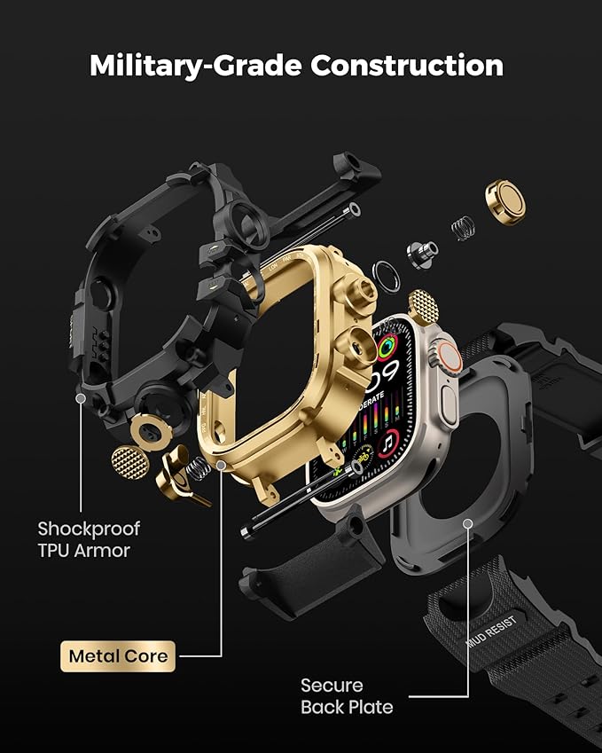 amBand Rugged Case with Band for Apple Watch Ultra 3/2/1 49mm, M3 Military Grade Shockproof Cover, Includes Screen Protector Kit, Tactical Band for Men - Compatible with iWatch Ultra, Black Gold