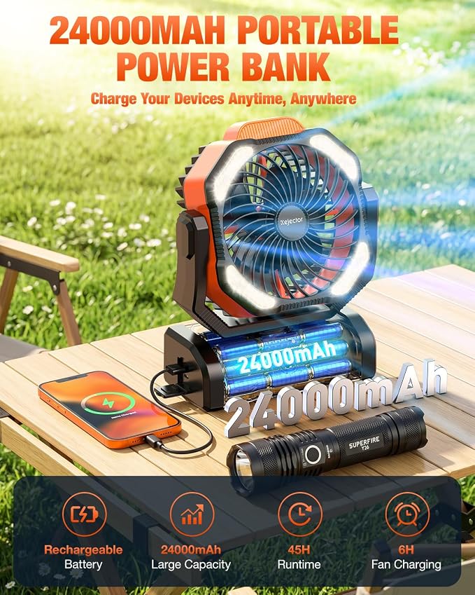 kejector Camping Fan 24000mAh Rechargeable Battery- Dual Motor & 8 Blades, Step-less Speed, Remote & Timer, Auto Swivel, 6 LED Light Modes, Hanging/Stand Anti‑Drop for Outdoor, Camping, Tent, Home