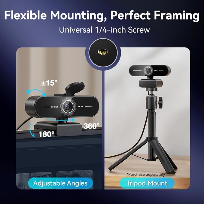 EMEET C60E 4K Webcam for Streaming & Gaming – PDAF Autofocus, Dual Mics, Live Streaming Camera with Auto Light Correction, Plug & Play USB Webcam for PC & Mac