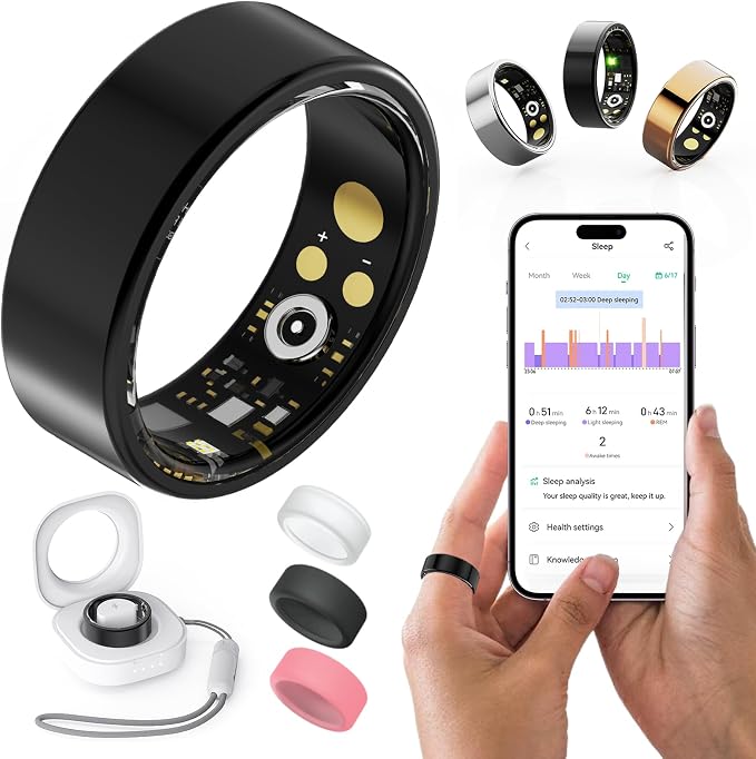 Health Rings for Women Men, Fitness Tracker with Heart Rate,Blood Oxygen, Blood Pressure, Sleep/Step Tracker, IP68 Waterproof Smart Ring for iPhone & Android (Black, 13#)