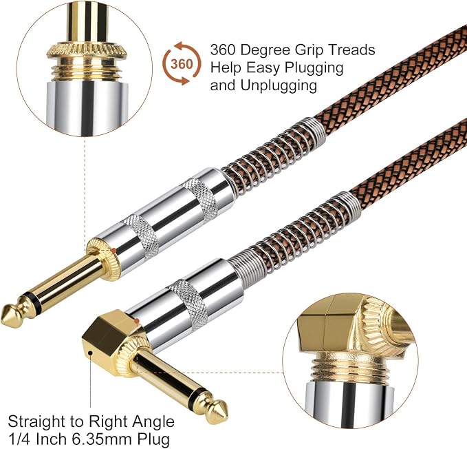 JOLGOO Guitar Cable, 1/4 Inch Cable 10 Ft, Straight to Right Angle 6.35mm Plug Bass Keyboard Instrument Cable, Orange and Black Tweed Cloth Jacket, Electric Mandolin, pro Audio