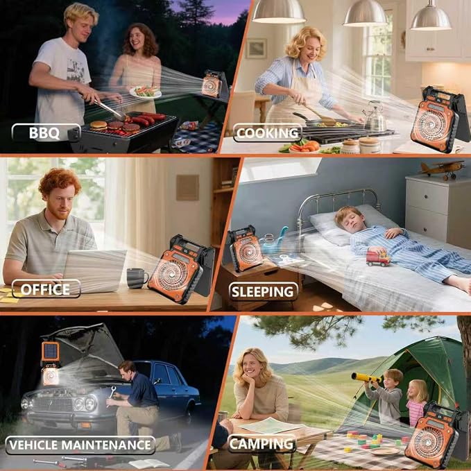 Solar Powered Rechargeable Fan with Light - 3 Speed Portable USB-C Hanger Camping Fan, Power Outage for Home and Kitchen Emergency, Outdoor Tent Fan for Picnic, BBQ and Travel