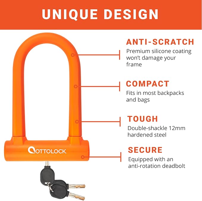 OTTOLOCK Sidekick Compact U-Lock and Cable Bundle - Lightweight Anti-Theft Bike Lock for Road, Mountain & Electric Bikes with Keys, Orange
