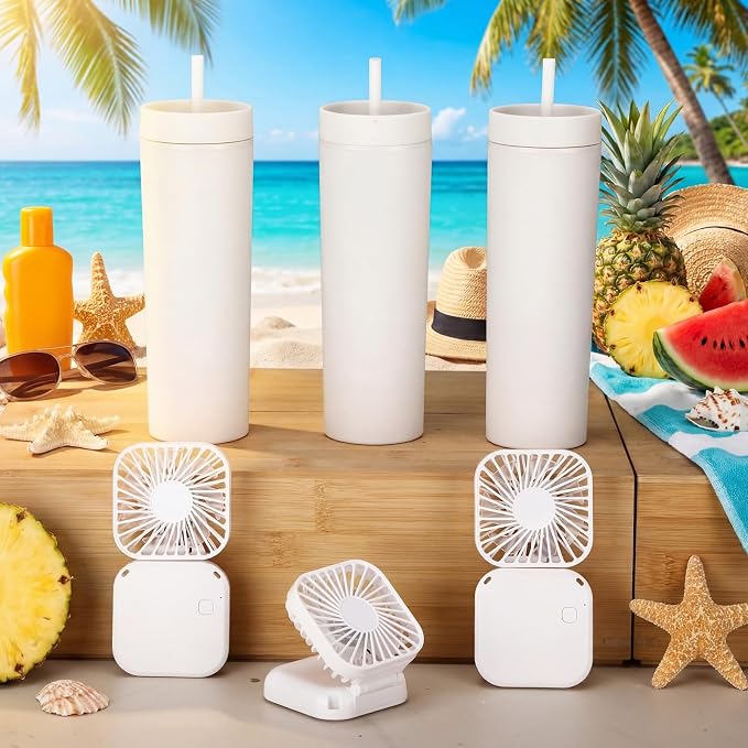 Reallnaive 6 Pcs Skinny Tumbler Bulk and Mini Portable Fans Set for Summer, 16 oz Plastic Cups with Lids Straws and Small USB Rechargeable Handheld Fan for Cooling Gift (White)
